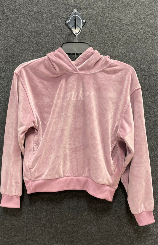 Nike Women's Sportswear Velour Pullover Hoodie Mauve Pink Cursive Logo Sz L