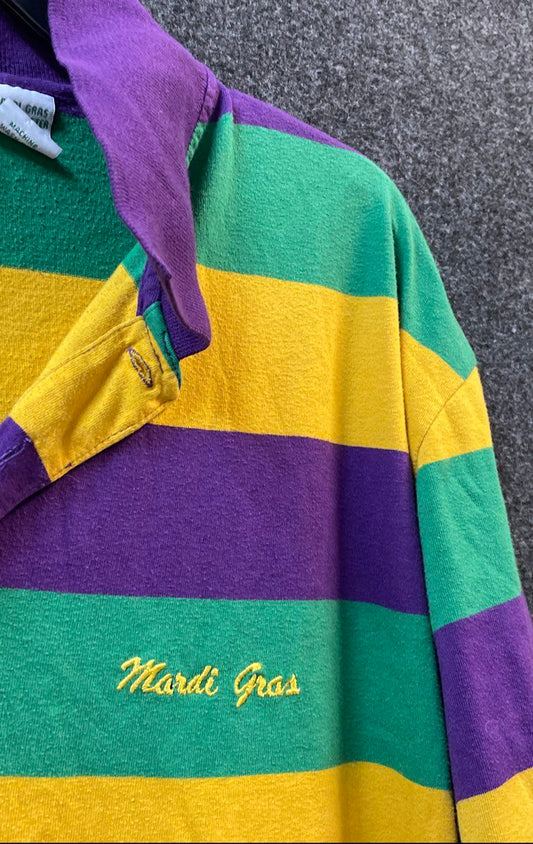 Vintage 90s Mardi Gras Men's Striped Polo Shirt Purple Green Gold Sz XXL