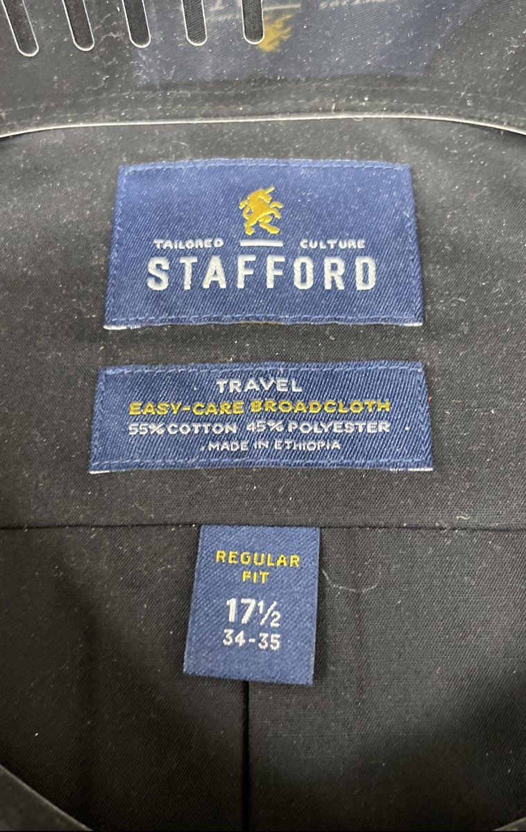Stafford Men's Black Easy-Care Broadcloth Dress Shirt Reg Fit 17.5 34-35 NWT
