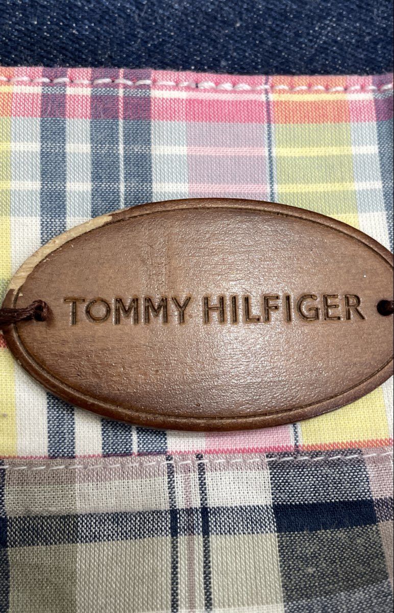 Tommy Hilfiger Multi-Color Patchwork Plaid Denim Tote Bag Large Fabric Purse