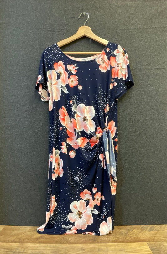 Robbie Bee Women's Navy Blue Floral Polka Dot Side Knot Drape Dress Sz M