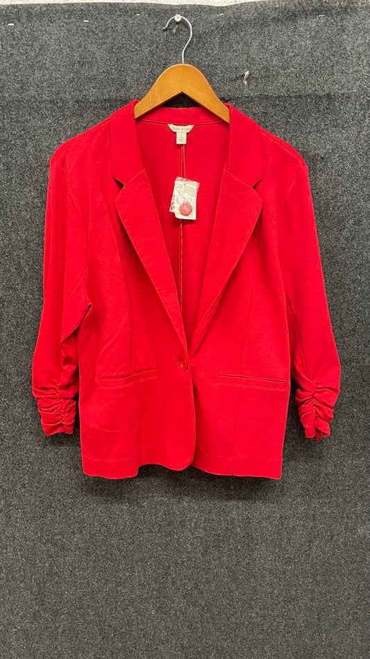 Cato Women's Red Ruched 3/4 Sleeve Ponte Single Button Blazer Sz L NWT