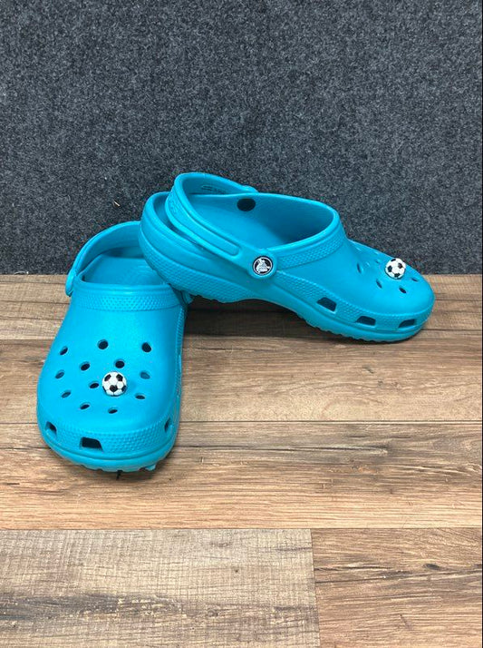 Crocs Classic Clog Blue Turquoise Soccer Ball Jibbitz Men's 7 Women's 9