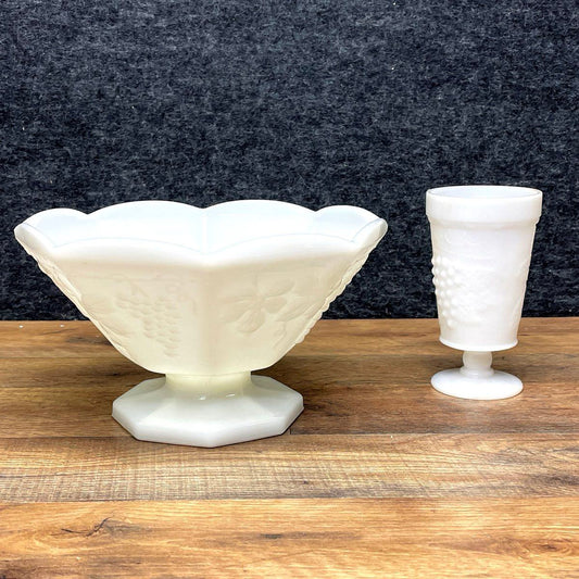 Westmoreland Paneled Grape Milk Glass Lot Footed Bowl & Goblet Vintage