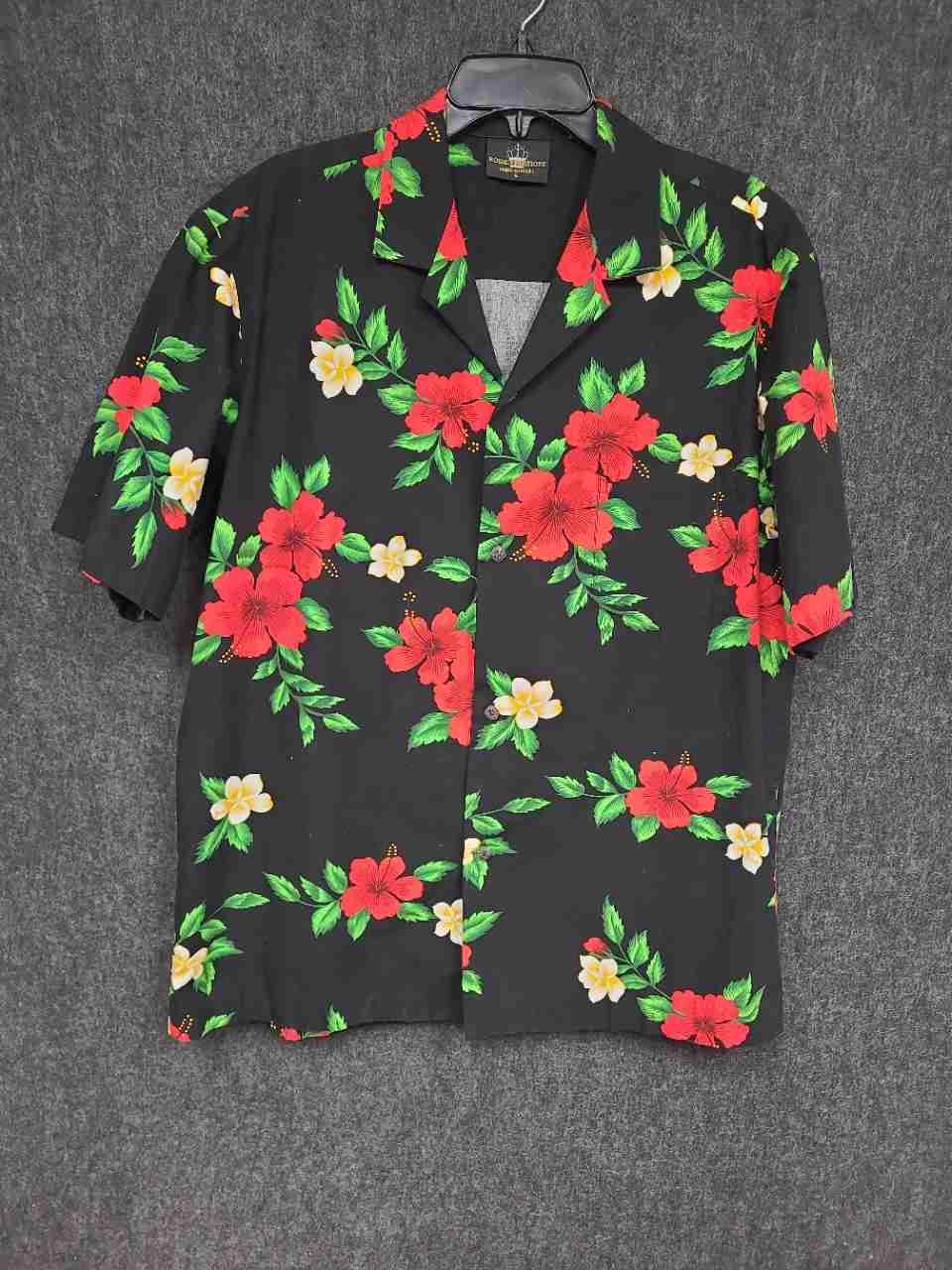 Royal Creations Men's Black Hibiscus Hawaiian Shirt Cotton Made in HI Size L