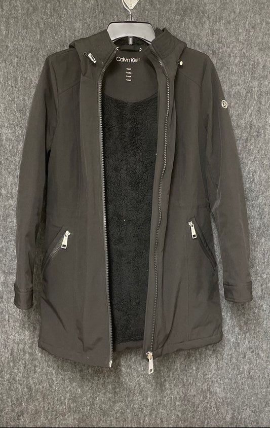 Calvin Klein Women's Black Softshell Hooded Jacket Faux Fur Lined Stretch XS