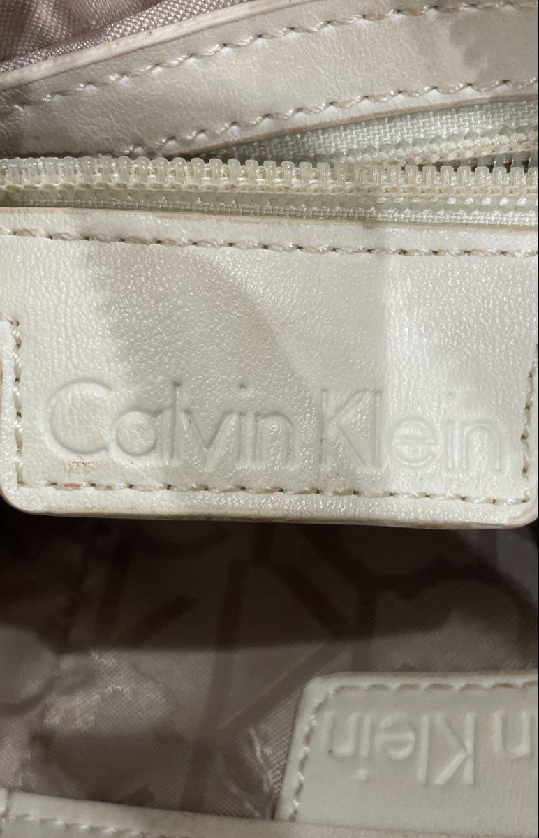 Calvin Klein Brown Monogram White Leather Satchel Handbag Gold Hardware