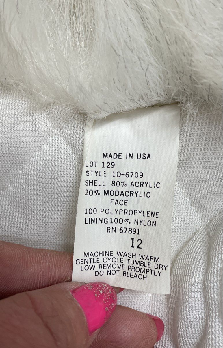 Vintage 80s White Faux Fur Coat Made in USA Quilted Lining Sz 12