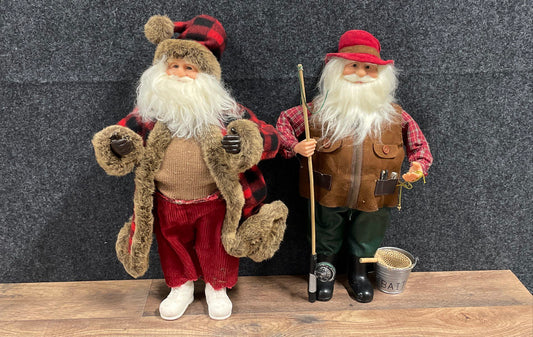 Lot of 2 Santa Claus Figures Fisherman & Rustic Plaid Holiday Tabletop Decor