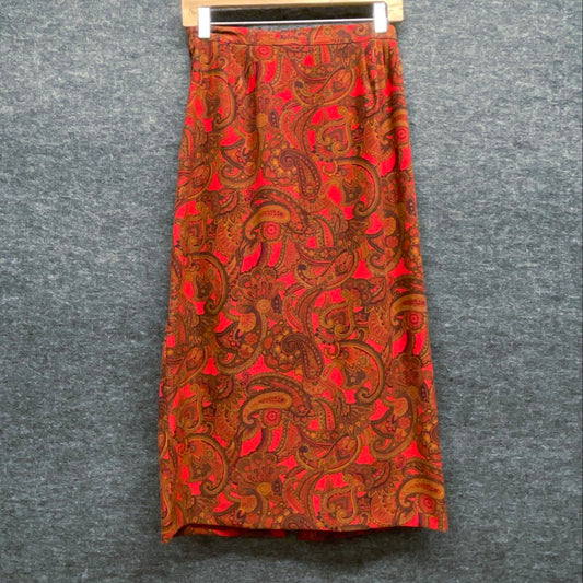 Vintage 90s Women's Red Paisley Print Midi Straight Skirt Elastic Back Waist