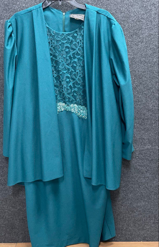 Vintage 90s Leni Leni Teal 2-Piece Lace Jacket Dress Set Made in USA Sz 16