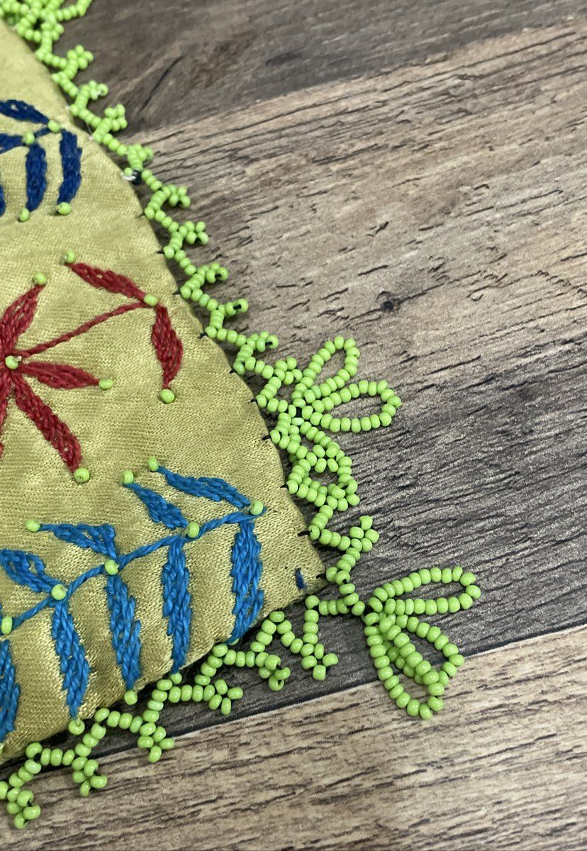 Vintage Floral Embroidered Drawstring Pouch Bag Green Beaded Trim Yellow Tassels