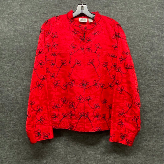 Vintage Y2K Chico's Design Women's Red Silk Embroidered Mandarin Jacket Sz 3