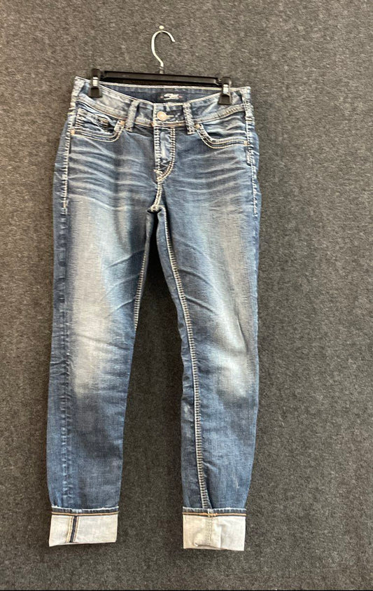Silver Jeans Womens Boyfriend Jeans Blue Cuffed Distressed Whiskered Sz 28