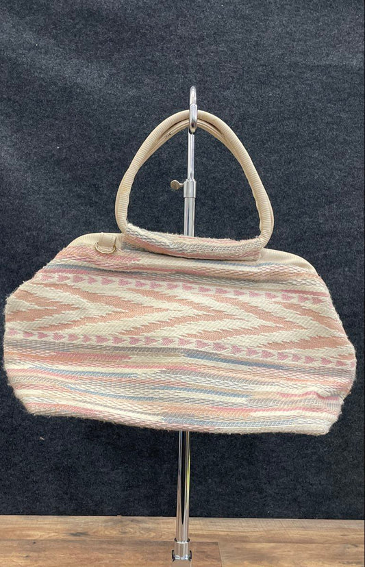 Vintage 80s Multi Color Pastel Knit Tapestry Tote Bag Faux Lizard Handles