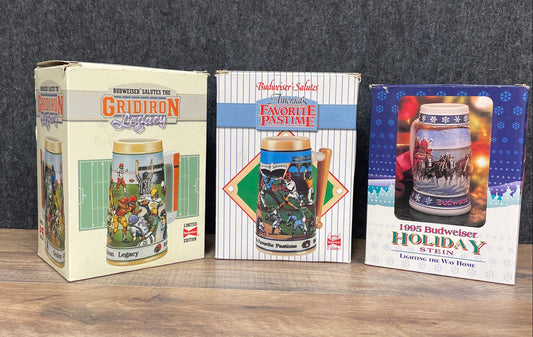Lot of 3 Vintage Budweiser Steins Holiday 1995 Football Baseball w/ Boxes