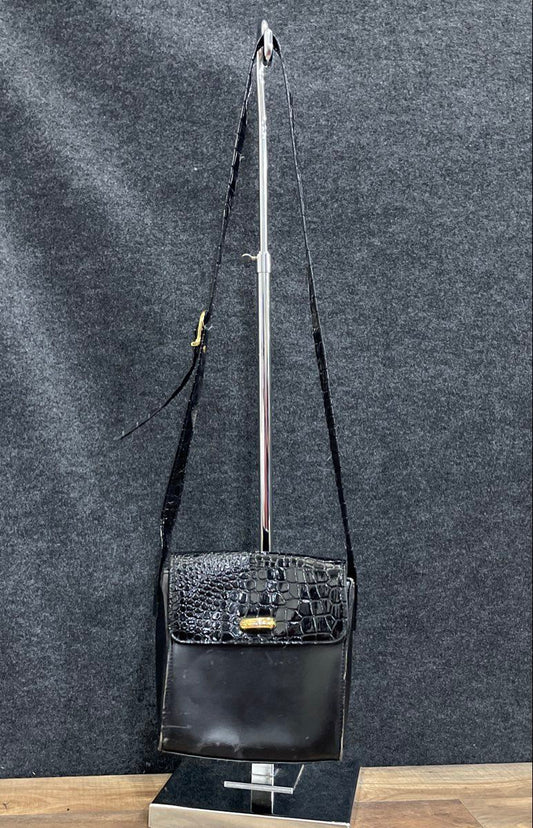 Perry Ellis America Black Croc Embossed Leather Shoulder Bag Gold Hardware