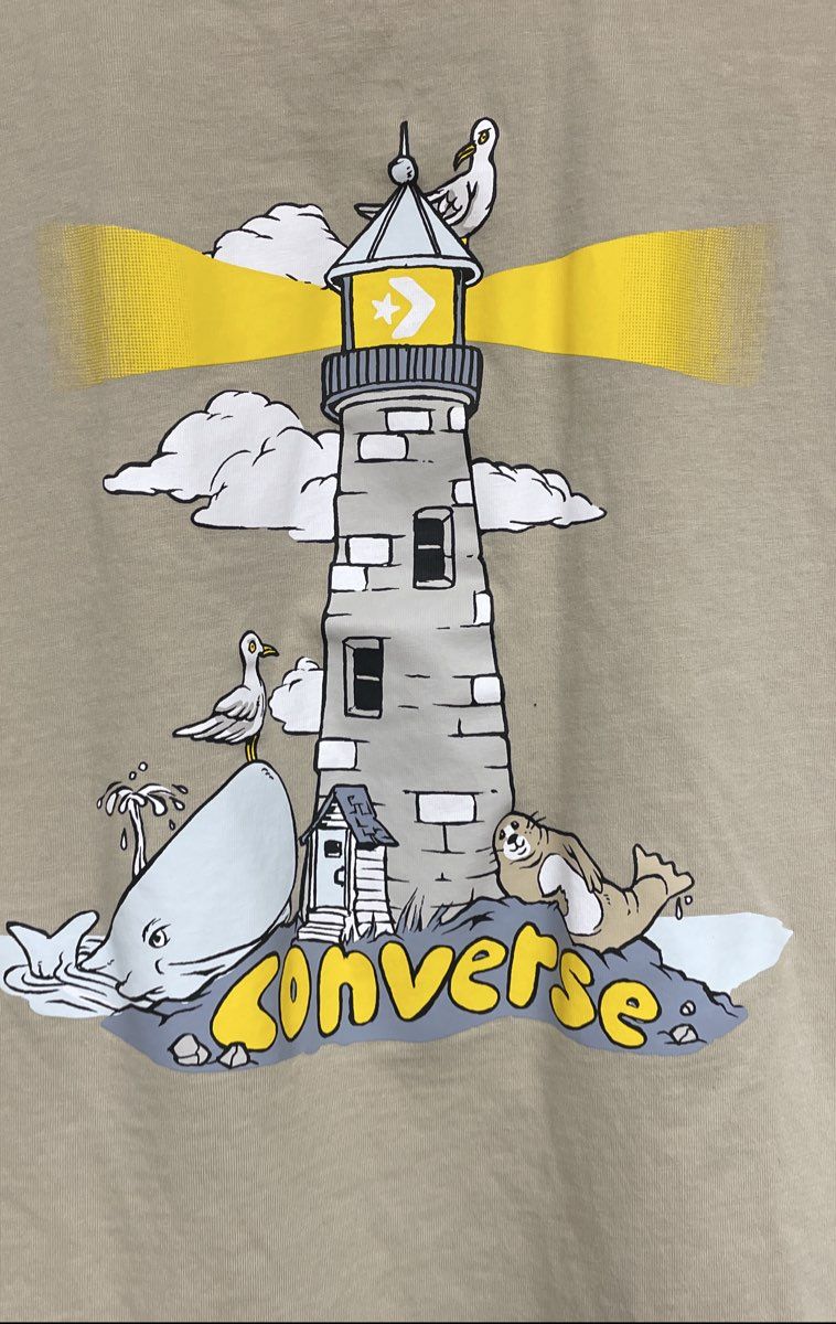 Converse Men's T-Shirt Tan Seagull Lighthouse Graphic Embroidered Logo Size L