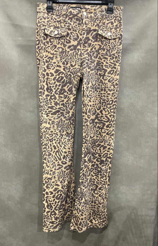 Fashion Nova Womens Cheetah Leopard Print High Rise Flare Flap Pocket Pants Sz M