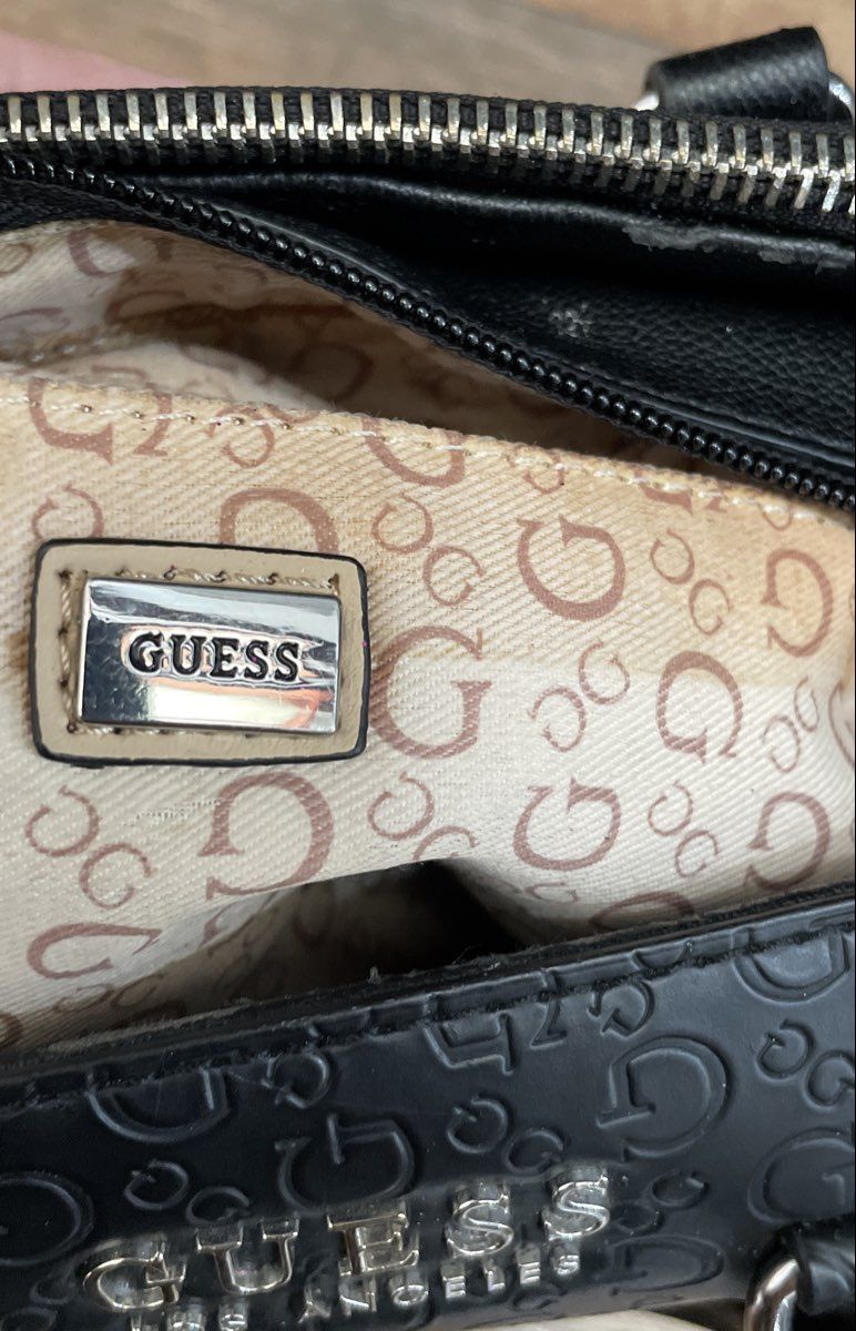 Guess Black Embossed Logo Satchel Handbag Crossbody Silver Hardware