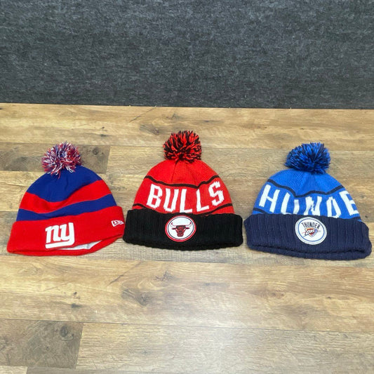 Lot of 3 New Era Mitchell & Ness NFL NBA Pom Pom Beanie Hat One Size