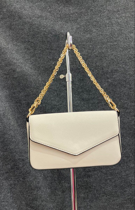 White Leather Envelope Mini Purse Shoulder Bag Triple Gold Chain Strap