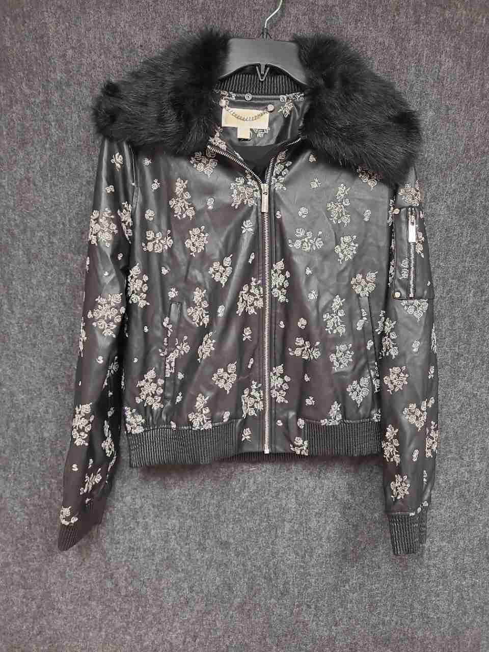 MICHAEL Michael Kors Women's Black Faux Leather Embroidered Bomber Jacket Sz M