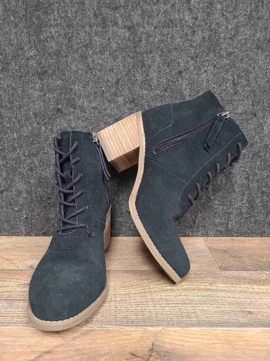TOMS Lyla Black Suede Lace Up Ankle Boots Block Heel Women's Size 5.5