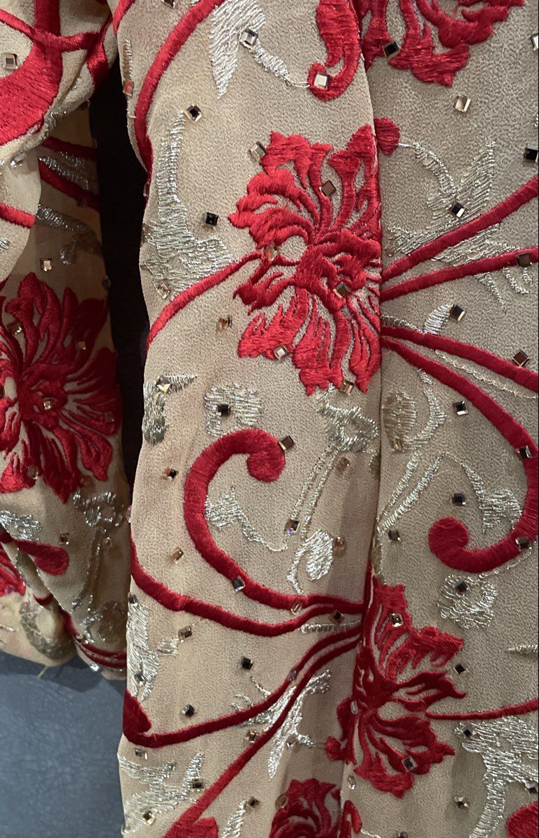 Women's Beige Red Gold Floral Embroidered Mirror Sequin Open Front Long Tunic