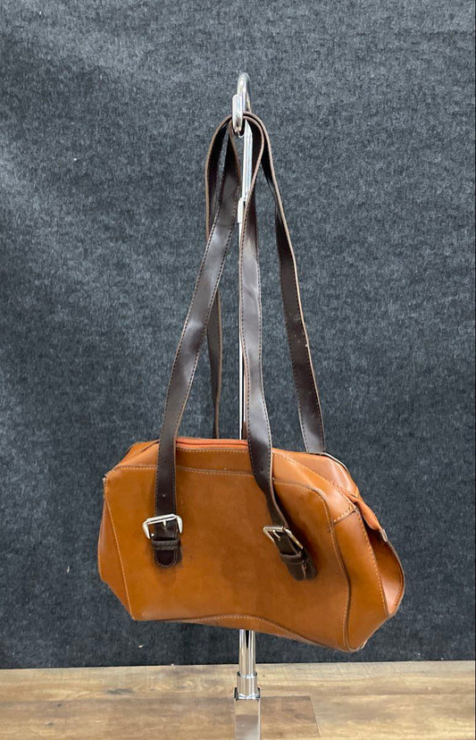 Vintage Made in Italy Tan Cognac Leather Shoulder Bag Silver Buckle Detail