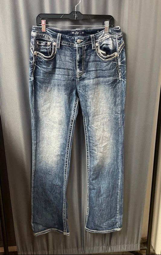 Miss Me Women's Blue Curvy Boot Cut Embellished Flap Pocket Jeans Sz 31x34