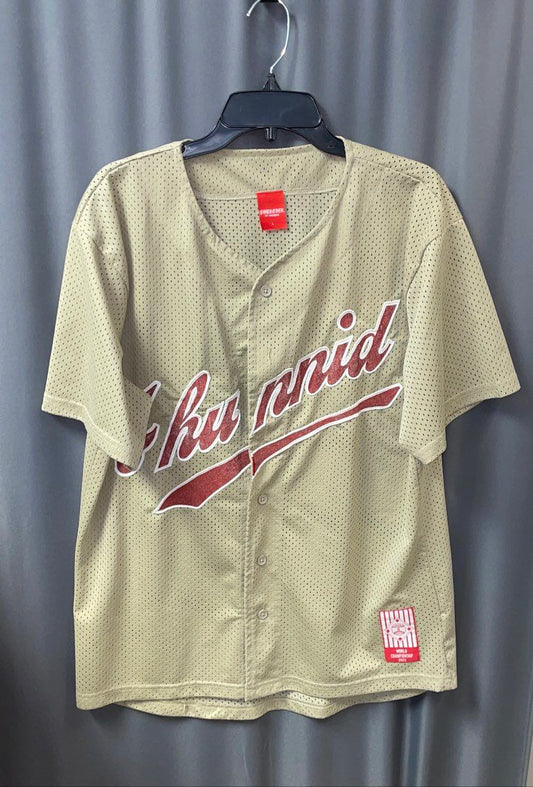 4Hunnid Men's Beige Mesh Script Logo Baseball Jersey Button Up Shirt Size L