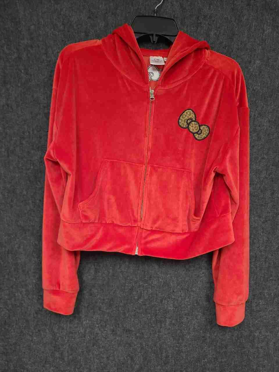 Sanrio Hello Kitty Women's Red Velour Cropped Zip Up Hoodie Leopard Print Sz SM