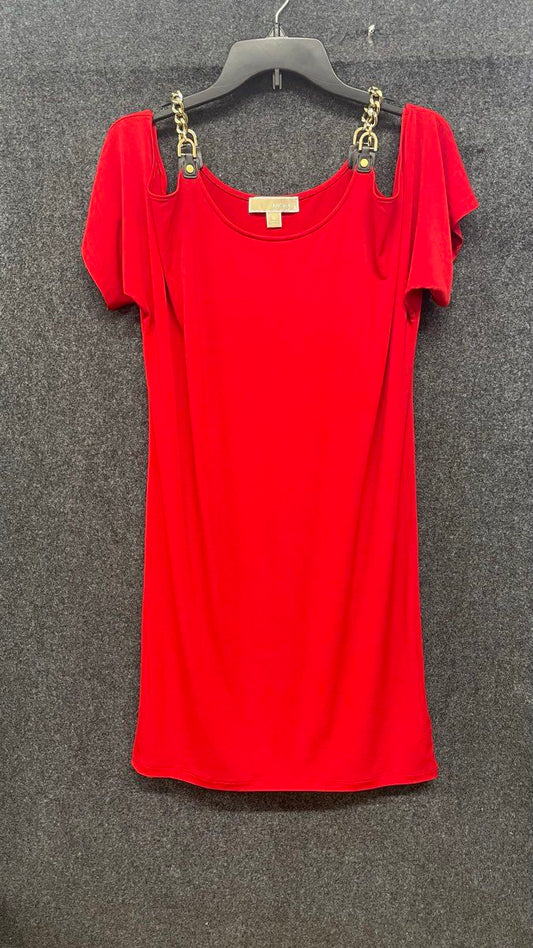 Michael Kors Women's Red Cold Shoulder Gold Chain Detail Dress Size M
