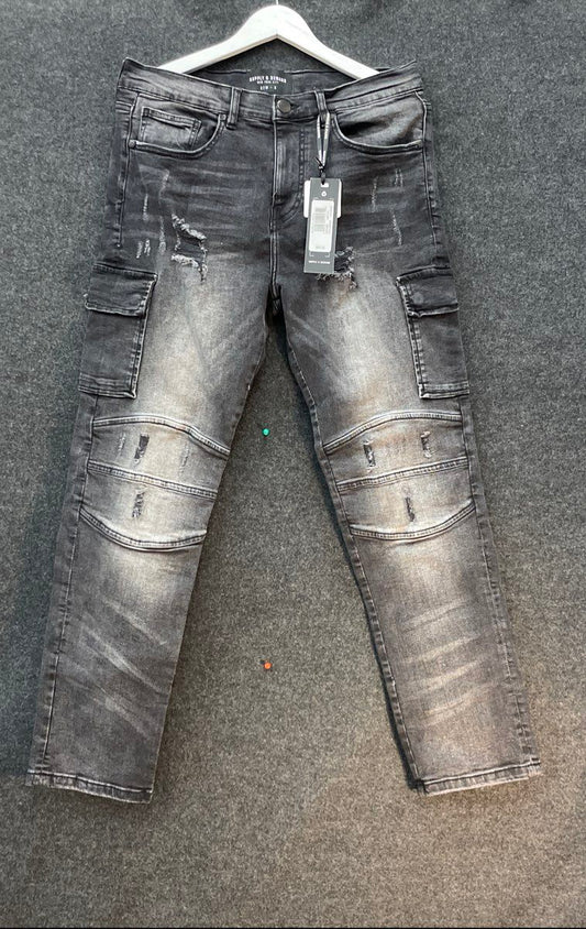 Supply & Demand Men's Slim Fit Gray Washed Distressed Moto Cargo Jeans NWT Sz M