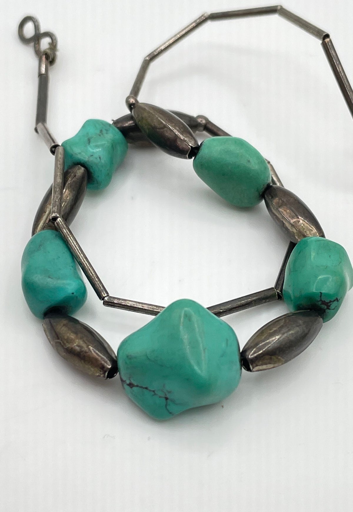 925 Sterling Silver Turquoise Barrel Tube Bead Southwestern Style Necklace 12.3g