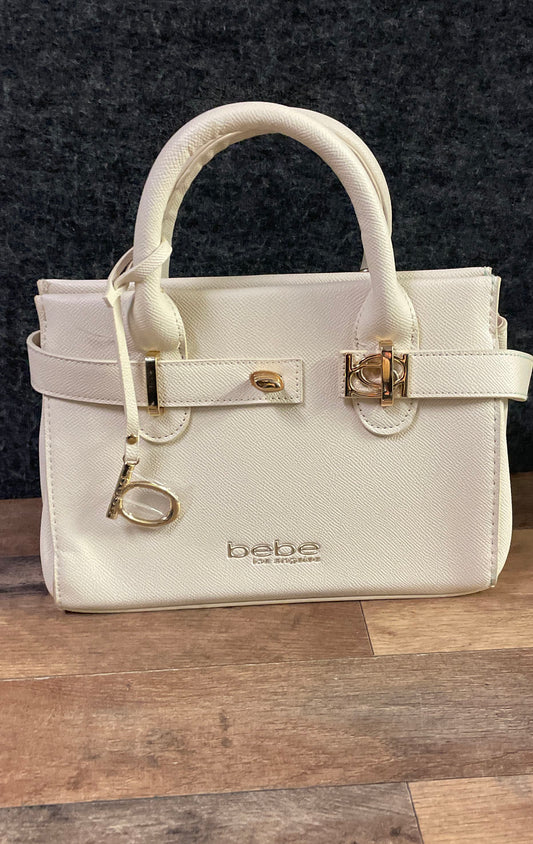Bebe White Textured Faux Leather Satchel Bag Gold Hardware Top Handle Crossbody