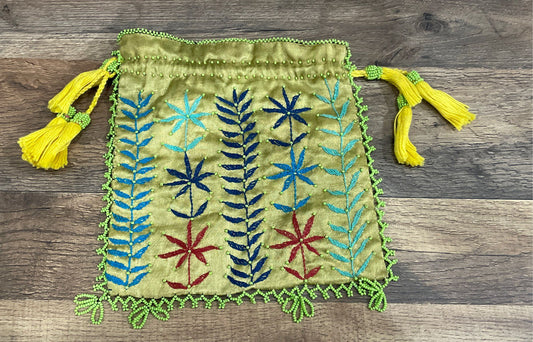 Vintage Floral Embroidered Drawstring Pouch Bag Green Beaded Trim Yellow Tassels