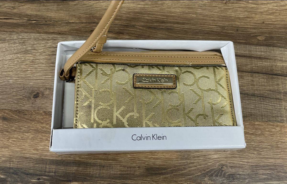 Calvin Klein Gold Metallic Monogram CK Logo Wristlet Wallet NWT In Box