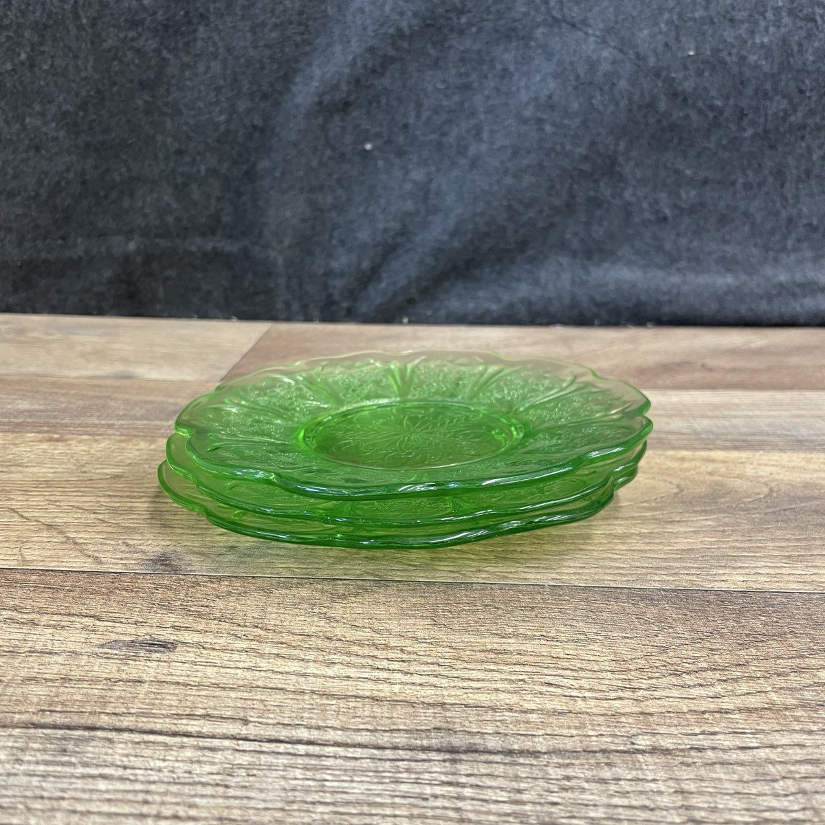 Set of 3 Green Depression Glass Plates