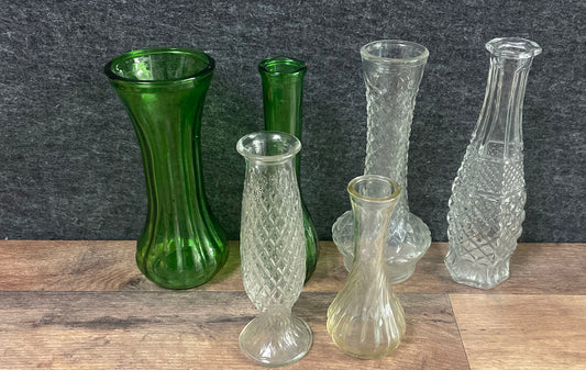 Vintage Glass Bud Vase Lot of 6 Green & Clear Diamond Point Swirl Assorted