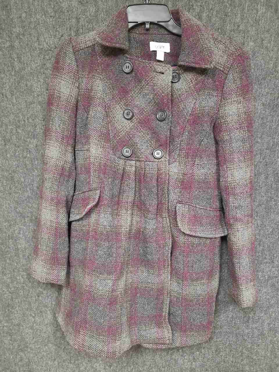 Ann Taylor LOFT Women's Purple Gray Plaid Wool Blend Pea Coat Sz 2