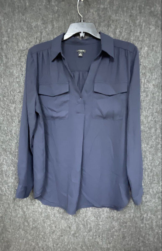 Ann Taylor Petite Women's Navy Blue Utility Popover Blouse Long Sleeve Sz LP
