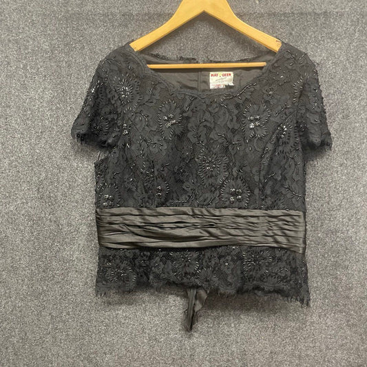 May Queen Couture Women's Black Floral Lace Beaded Evening Blouse Size 3XL