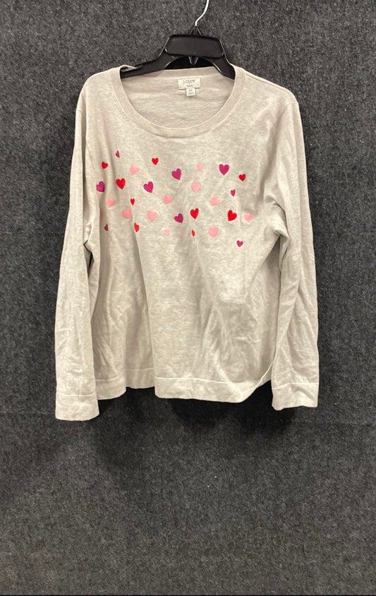 J.Crew Women's Teddie Sweater Gray Heart Print Crewneck Cotton Knit Sz 2X