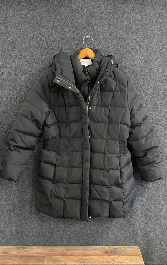 Cole Haan Signature Women's Puffer Jacket Black Quilted Hooded Smocked Waist 1X