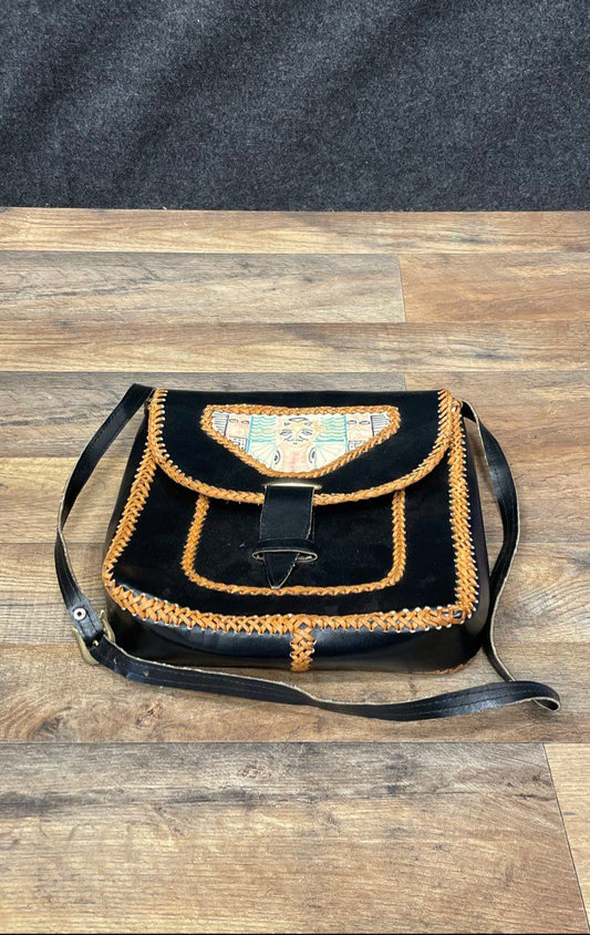 Vintage Handcrafted Black Leather Hand Painted Folk Art Crossbody Bag