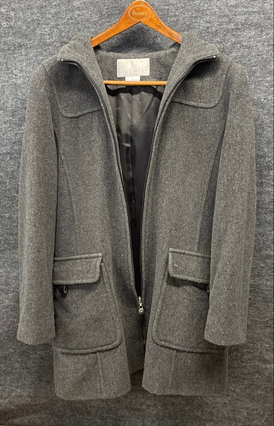 Nine West Women's Gray Wool Hooded Duffle Car Coat Size 12