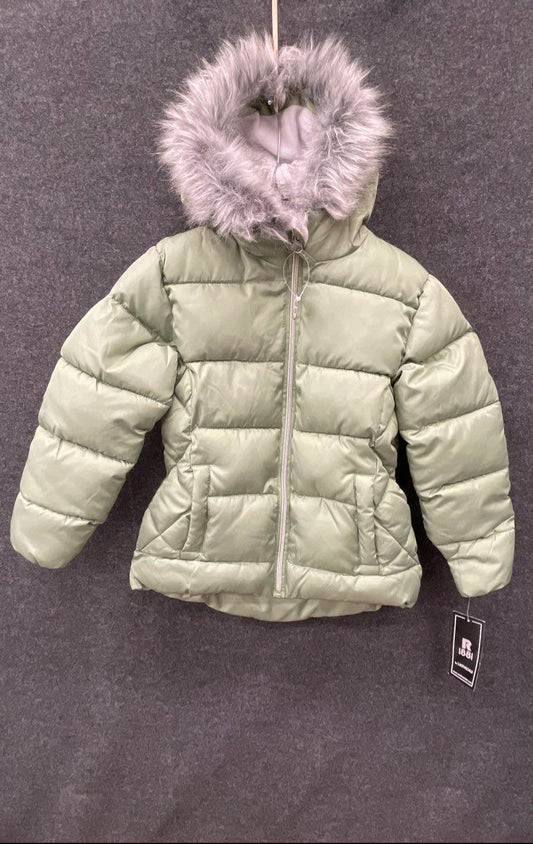 S. Rothschild Girls Sage Green Quilt Puffer Jacket Faux Fur Hooded NWT Sz 7/8