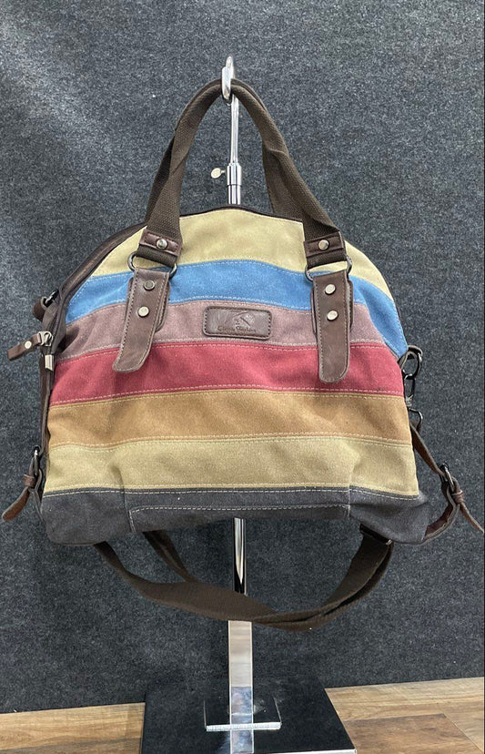 Classic Fashion Multi-Color Striped Fabric Satchel Crossbody Bag Brown Trim